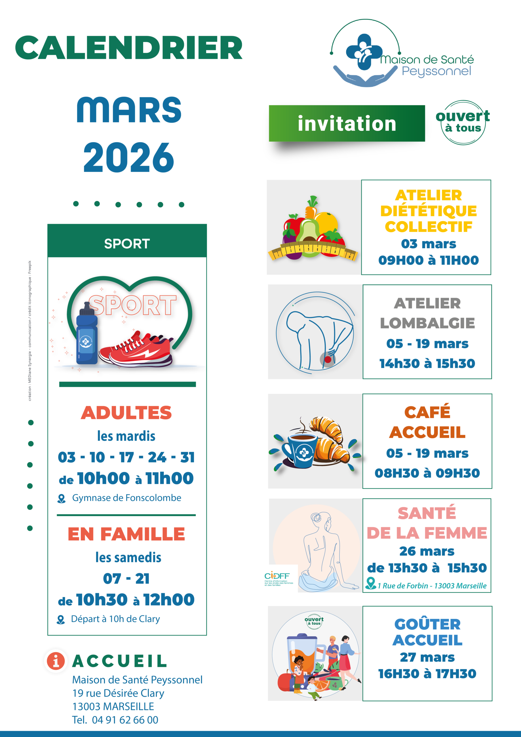 affiche présentant les activités au sein de la maison de santé Peyssonnel - mars 2026