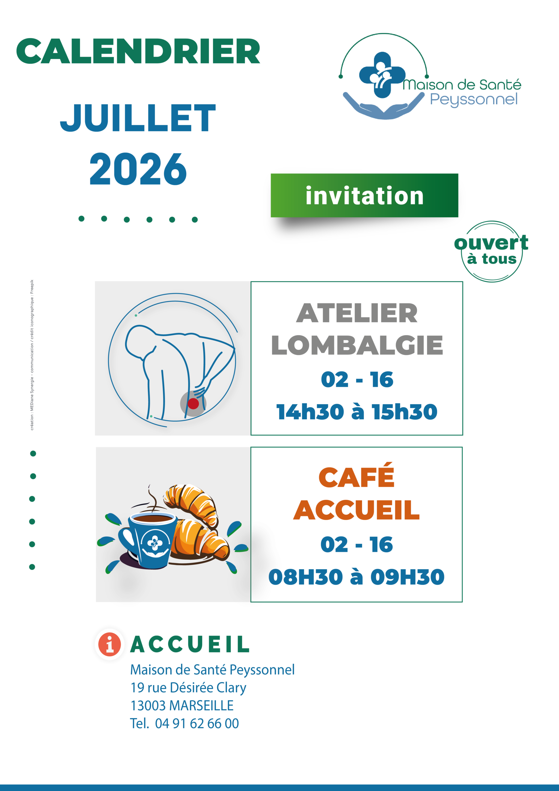 affiche présentant les activités au sein de la maison de santé Peyssonnel - mars 2026