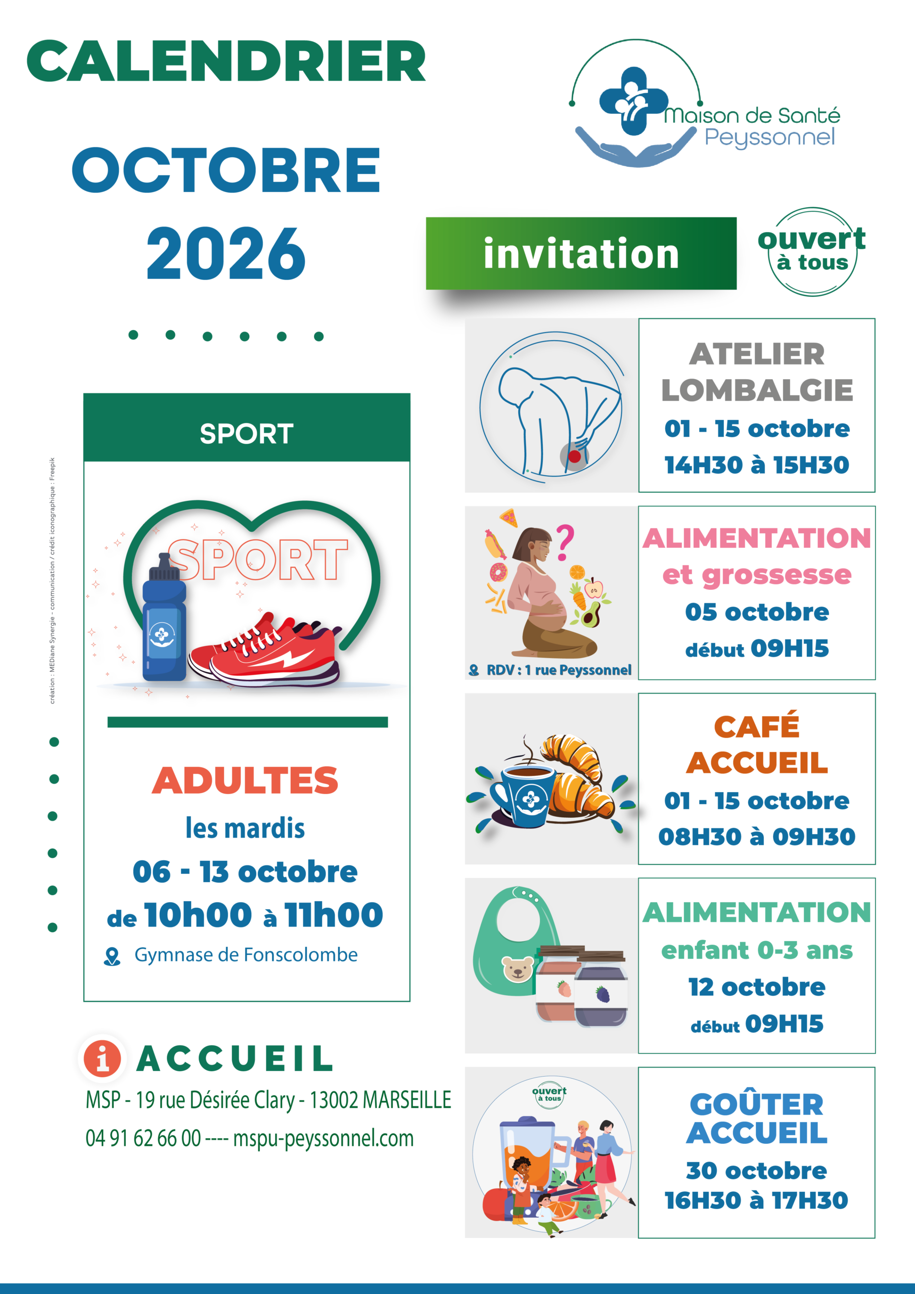 affiche présentant les activités au sein de la maison de santé Peyssonnel - mars 2026
